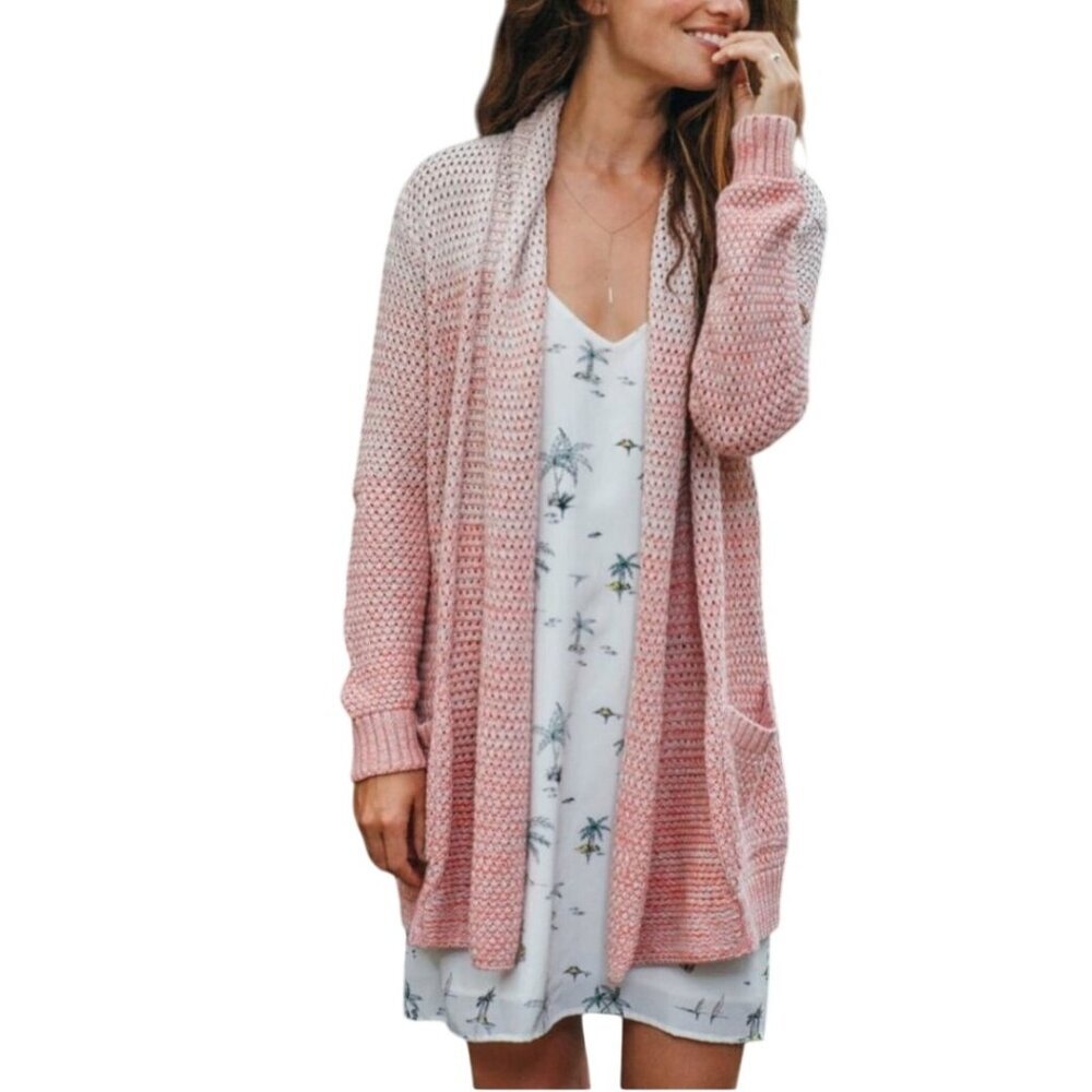 Faherty Riley Open Cardigan Ombre Coral Pockets Cotton Cashmere Size S